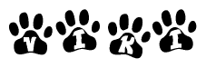 The image shows a series of animal paw prints arranged in a horizontal line. Each paw print contains a letter, and together they spell out the word Viki.