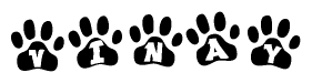 The image shows a series of animal paw prints arranged horizontally. Within each paw print, there's a letter; together they spell Vinay
