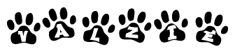 The image shows a row of animal paw prints, each containing a letter. The letters spell out the word Valzie within the paw prints.