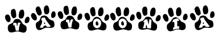 The image shows a series of animal paw prints arranged horizontally. Within each paw print, there's a letter; together they spell Vavoonia