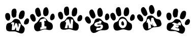 The image shows a series of animal paw prints arranged in a horizontal line. Each paw print contains a letter, and together they spell out the word Winsome.