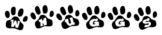 The image shows a series of animal paw prints arranged horizontally. Within each paw print, there's a letter; together they spell Whuggs