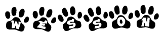 The image shows a series of animal paw prints arranged horizontally. Within each paw print, there's a letter; together they spell Wesson