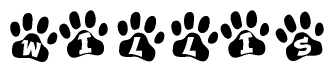 The image shows a series of animal paw prints arranged horizontally. Within each paw print, there's a letter; together they spell Willis