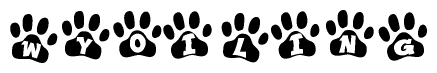 The image shows a row of animal paw prints, each containing a letter. The letters spell out the word Wyoiling within the paw prints.