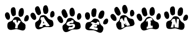 The image shows a series of animal paw prints arranged horizontally. Within each paw print, there's a letter; together they spell Yasemin