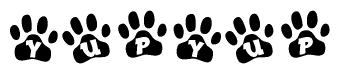 The image shows a series of animal paw prints arranged horizontally. Within each paw print, there's a letter; together they spell Yupyup
