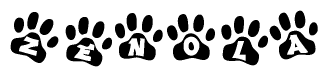 The image shows a series of animal paw prints arranged in a horizontal line. Each paw print contains a letter, and together they spell out the word Zenola.