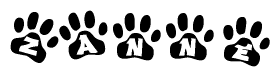 The image shows a series of animal paw prints arranged in a horizontal line. Each paw print contains a letter, and together they spell out the word Zanne.