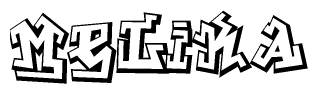 The clipart image depicts the word Melika in a style reminiscent of graffiti. The letters are drawn in a bold, block-like script with sharp angles and a three-dimensional appearance.