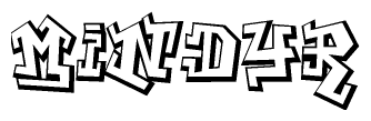 The clipart image depicts the word Mindyr in a style reminiscent of graffiti. The letters are drawn in a bold, block-like script with sharp angles and a three-dimensional appearance.