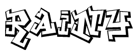 The image is a stylized representation of the letters Rainy designed to mimic the look of graffiti text. The letters are bold and have a three-dimensional appearance, with emphasis on angles and shadowing effects.
