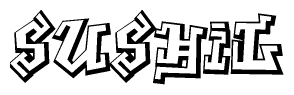 The clipart image depicts the word Sushil in a style reminiscent of graffiti. The letters are drawn in a bold, block-like script with sharp angles and a three-dimensional appearance.