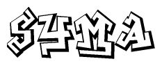The image is a stylized representation of the letters Syma designed to mimic the look of graffiti text. The letters are bold and have a three-dimensional appearance, with emphasis on angles and shadowing effects.