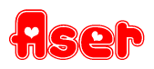 The image is a clipart featuring the word Aser written in a stylized font with a heart shape replacing inserted into the center of each letter. The color scheme of the text and hearts is red with a light outline.
