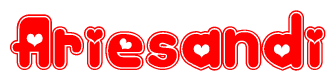 The image is a red and white graphic with the word Ariesandi written in a decorative script. Each letter in  is contained within its own outlined bubble-like shape. Inside each letter, there is a white heart symbol.