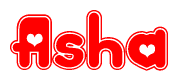 The image is a clipart featuring the word Asha written in a stylized font with a heart shape replacing inserted into the center of each letter. The color scheme of the text and hearts is red with a light outline.