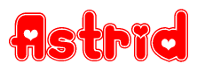 The image is a clipart featuring the word Astrid written in a stylized font with a heart shape replacing inserted into the center of each letter. The color scheme of the text and hearts is red with a light outline.