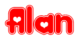 The image is a clipart featuring the word Alan written in a stylized font with a heart shape replacing inserted into the center of each letter. The color scheme of the text and hearts is red with a light outline.