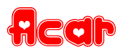 The image is a red and white graphic with the word Acar written in a decorative script. Each letter in  is contained within its own outlined bubble-like shape. Inside each letter, there is a white heart symbol.