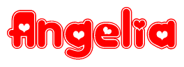 The image displays the word Angelia written in a stylized red font with hearts inside the letters.