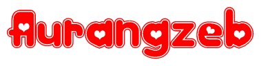 The image is a clipart featuring the word Aurangzeb written in a stylized font with a heart shape replacing inserted into the center of each letter. The color scheme of the text and hearts is red with a light outline.