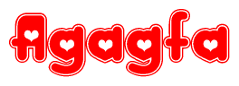 The image is a red and white graphic with the word Agagfa written in a decorative script. Each letter in  is contained within its own outlined bubble-like shape. Inside each letter, there is a white heart symbol.