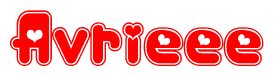 The image is a clipart featuring the word Avrieee written in a stylized font with a heart shape replacing inserted into the center of each letter. The color scheme of the text and hearts is red with a light outline.