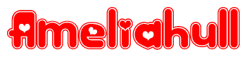 The image is a red and white graphic with the word Ameliahull written in a decorative script. Each letter in  is contained within its own outlined bubble-like shape. Inside each letter, there is a white heart symbol.