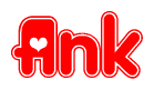 The image is a clipart featuring the word Ank written in a stylized font with a heart shape replacing inserted into the center of each letter. The color scheme of the text and hearts is red with a light outline.