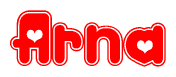 The image displays the word Arna written in a stylized red font with hearts inside the letters.
