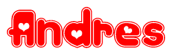 The image is a red and white graphic with the word Andres written in a decorative script. Each letter in  is contained within its own outlined bubble-like shape. Inside each letter, there is a white heart symbol.