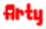 The image is a red and white graphic with the word Arty written in a decorative script. Each letter in  is contained within its own outlined bubble-like shape. Inside each letter, there is a white heart symbol.