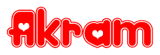 The image is a red and white graphic with the word Akram written in a decorative script. Each letter in  is contained within its own outlined bubble-like shape. Inside each letter, there is a white heart symbol.