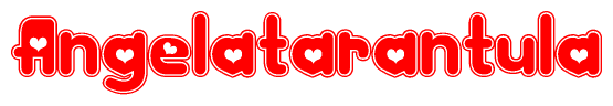The image is a red and white graphic with the word Angelatarantula written in a decorative script. Each letter in  is contained within its own outlined bubble-like shape. Inside each letter, there is a white heart symbol.