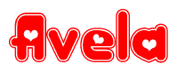 The image is a clipart featuring the word Avela written in a stylized font with a heart shape replacing inserted into the center of each letter. The color scheme of the text and hearts is red with a light outline.