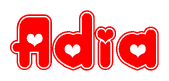 The image is a clipart featuring the word Adia written in a stylized font with a heart shape replacing inserted into the center of each letter. The color scheme of the text and hearts is red with a light outline.