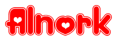 The image is a red and white graphic with the word Alnork written in a decorative script. Each letter in  is contained within its own outlined bubble-like shape. Inside each letter, there is a white heart symbol.