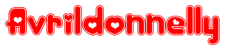 The image displays the word Avrildonnelly written in a stylized red font with hearts inside the letters.