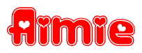 The image is a clipart featuring the word Aimie written in a stylized font with a heart shape replacing inserted into the center of each letter. The color scheme of the text and hearts is red with a light outline.