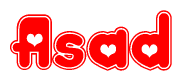 The image is a red and white graphic with the word Asad written in a decorative script. Each letter in  is contained within its own outlined bubble-like shape. Inside each letter, there is a white heart symbol.