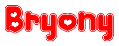 The image is a red and white graphic with the word Bryony written in a decorative script. Each letter in  is contained within its own outlined bubble-like shape. Inside each letter, there is a white heart symbol.