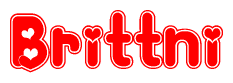 The image is a clipart featuring the word Brittni written in a stylized font with a heart shape replacing inserted into the center of each letter. The color scheme of the text and hearts is red with a light outline.