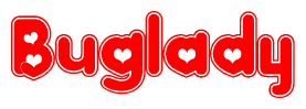 The image is a clipart featuring the word Buglady written in a stylized font with a heart shape replacing inserted into the center of each letter. The color scheme of the text and hearts is red with a light outline.