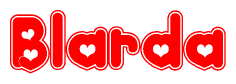  The image is a red and white graphic with the word Blarda written in a decorative script. Each letter in  is contained within its own outlined bubble-like shape. Inside each letter, there is a white heart symbol. 
