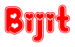 The image is a clipart featuring the word Bijit written in a stylized font with a heart shape replacing inserted into the center of each letter. The color scheme of the text and hearts is red with a light outline.