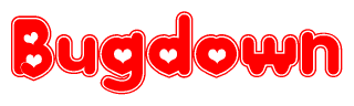 The image is a red and white graphic with the word Bugdown written in a decorative script. Each letter in  is contained within its own outlined bubble-like shape. Inside each letter, there is a white heart symbol.