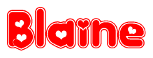 The image is a clipart featuring the word Blaine written in a stylized font with a heart shape replacing inserted into the center of each letter. The color scheme of the text and hearts is red with a light outline.