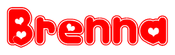 The image is a red and white graphic with the word Brenna written in a decorative script. Each letter in  is contained within its own outlined bubble-like shape. Inside each letter, there is a white heart symbol.