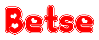 The image is a red and white graphic with the word Betse written in a decorative script. Each letter in  is contained within its own outlined bubble-like shape. Inside each letter, there is a white heart symbol.